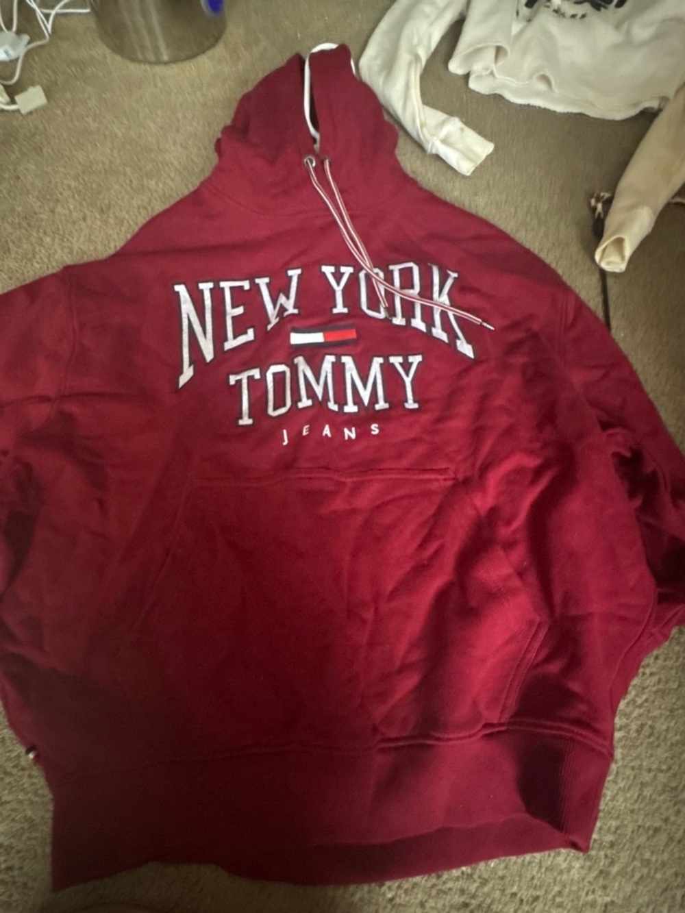 Tommy Hilfiger Men's Burgundy Zip-Up Hooded Sweatshirt with New York Logo